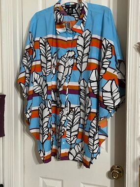 Ashley Stewart Light Blue Striped Feather Print Button Front Top
